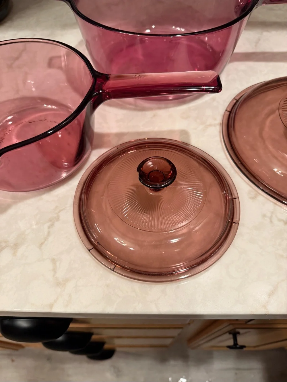 RARE! Vintage Visions Cranberry Saucepans with Lids- Set of 2